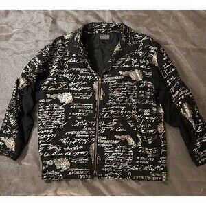 Vintage 90s Abvien Metallic Gold Script Cursive Print Zip Jacket - Women's Large